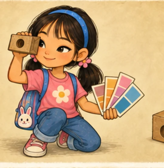 Hana Park, a South Korean American girl with two low pigtails, a blue headband, pink flower shirt, cardboard viewfinder, and color cards.