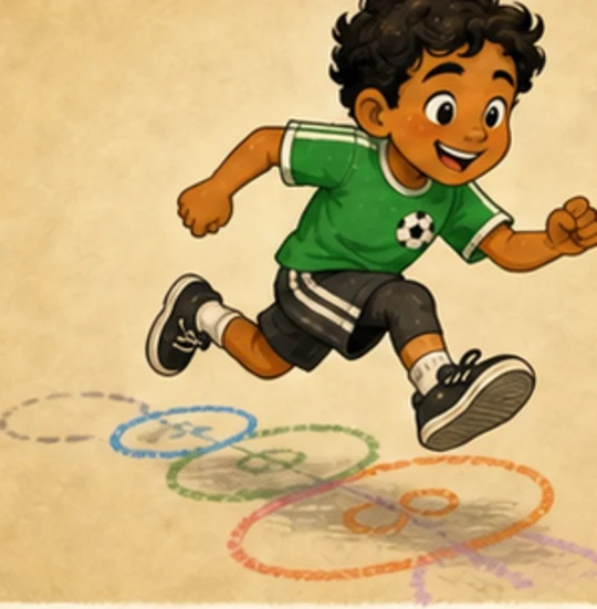 Mateo Rivera, a Mexican American boy in a green shirt moving through colorful chalk circles.