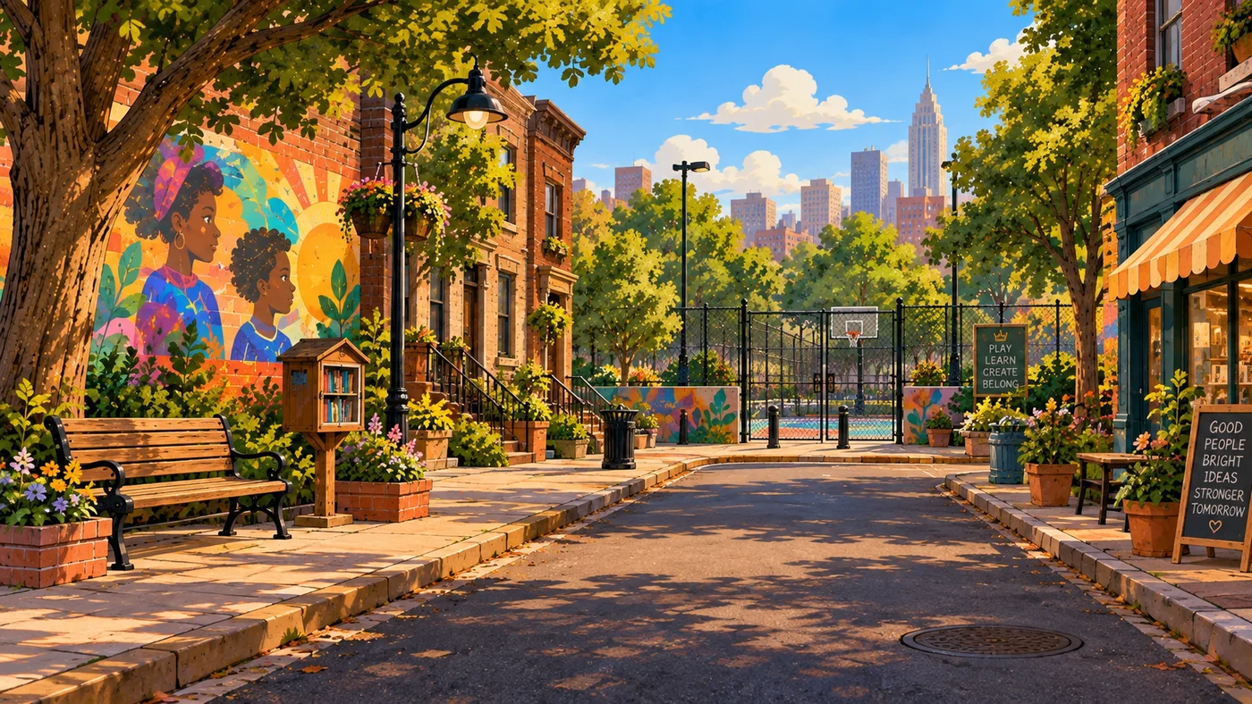 The approved Mural Block setting with community art, book nook, and a gated court.